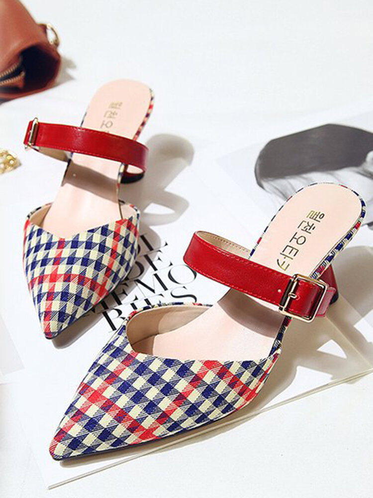 
	Women Retro Elegant Lattice Pattern Pointed Toe Backless Cone Heel Shoes