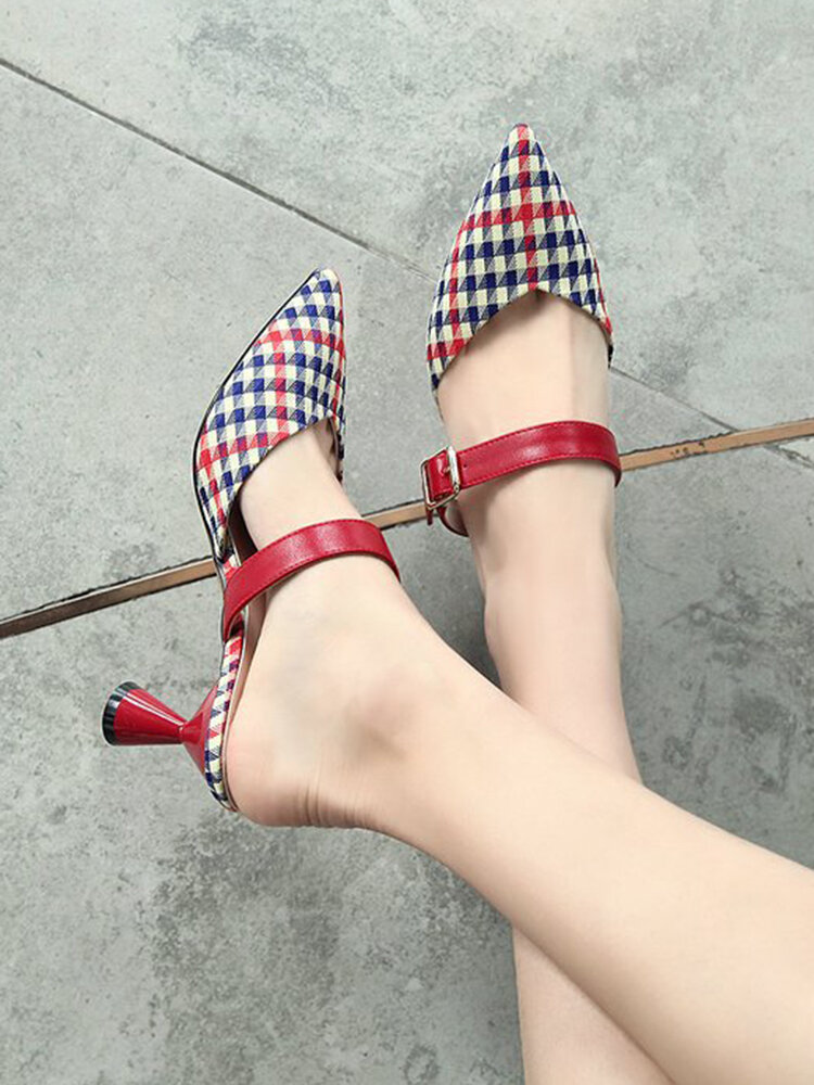 
	Women Retro Elegant Lattice Pattern Pointed Toe Backless Cone Heel Shoes