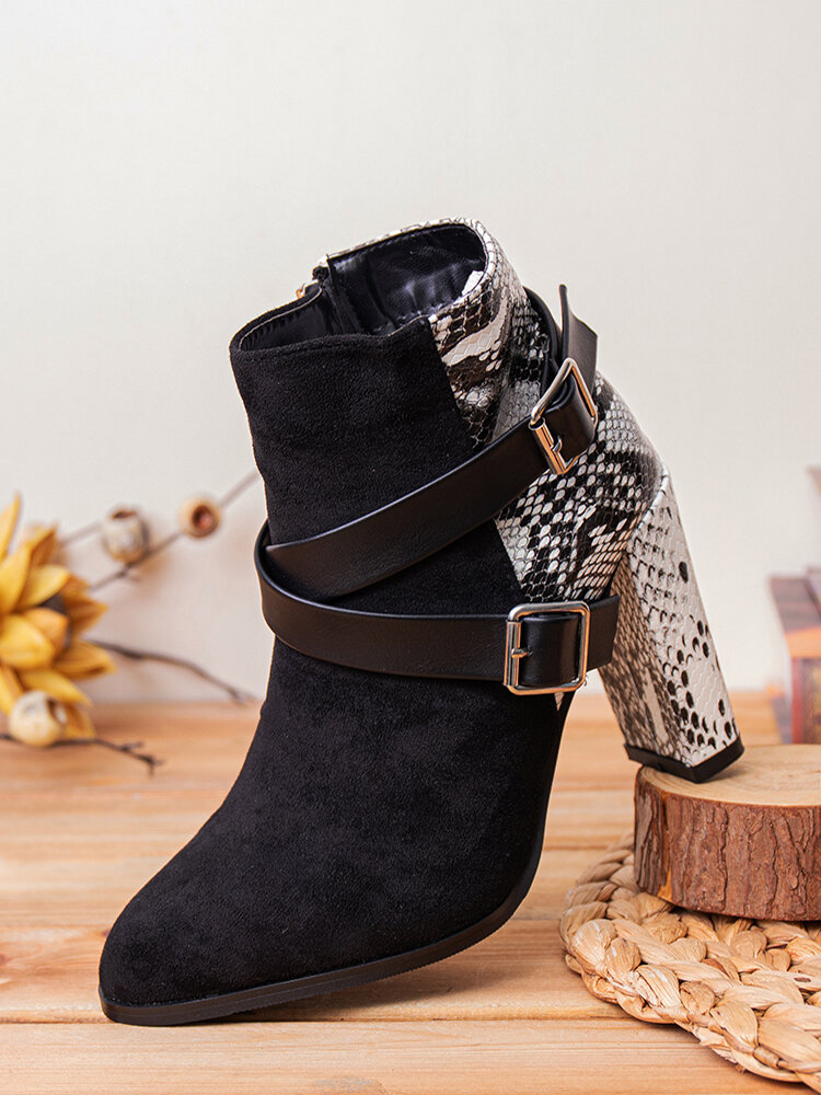 
	Plus Size Fashion Snake Pattern Patchwork Comfy Side-zip Block Heel Boots For Women