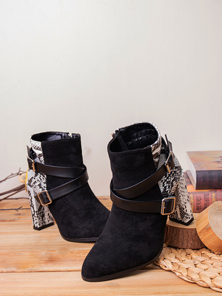 
	Plus Size Fashion Snake Pattern Patchwork Comfy Side-zip Block Heel Boots For Women