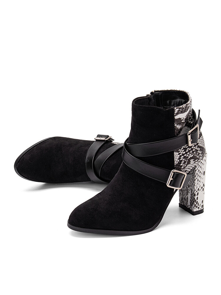 
	Plus Size Fashion Snake Pattern Patchwork Comfy Side-zip Block Heel Boots For Women