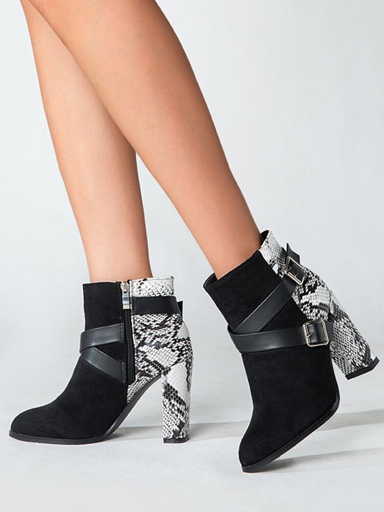 
	Plus Size Fashion Snake Pattern Patchwork Comfy Side-zip Block Heel Boots For Women