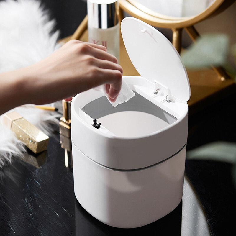 
	Desktop Trash Can Home Kitchen Desk Paper Basket Tube Covered Debris Storage Cleaning