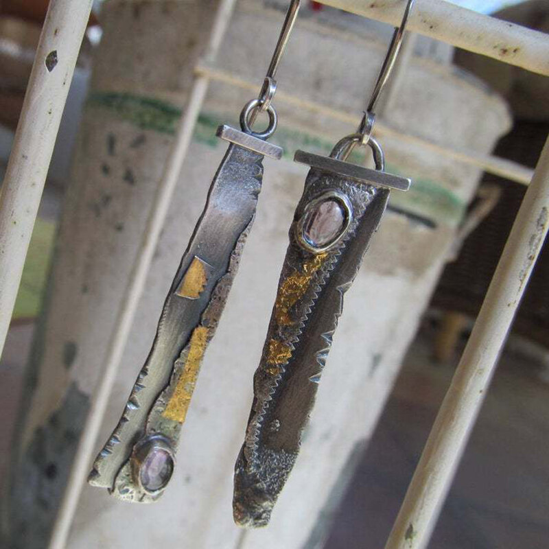 
	Vintage Sickle Serrated Earrings 925 Silver Plated Amethyst Inlaid Pendant Earrings