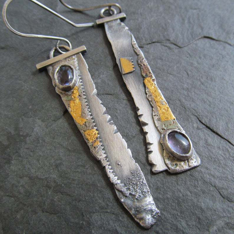 
	Vintage Sickle Serrated Earrings 925 Silver Plated Amethyst Inlaid Pendant Earrings