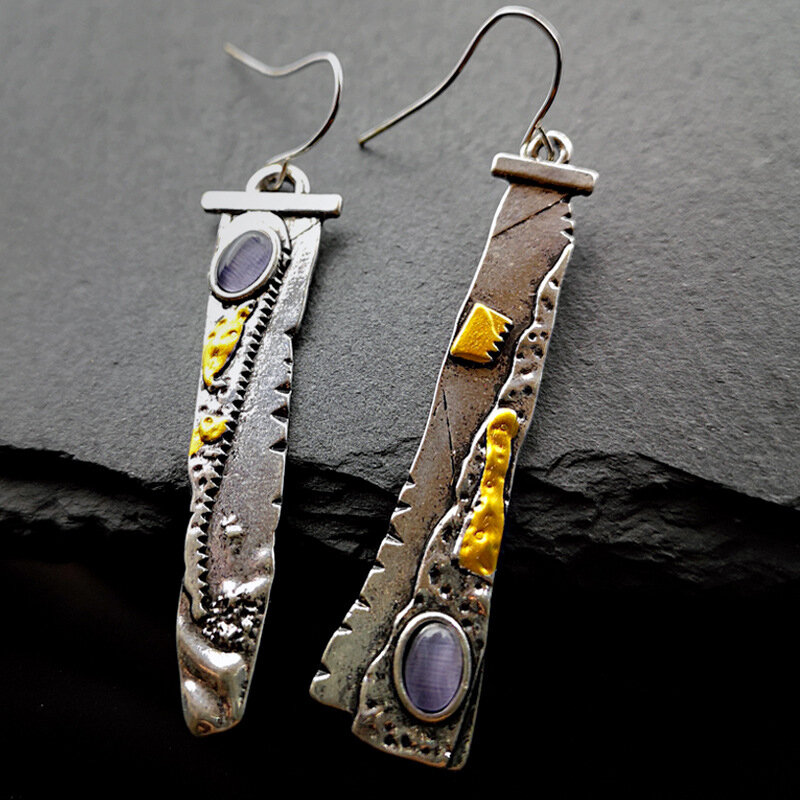 
	Vintage Sickle Serrated Earrings 925 Silver Plated Amethyst Inlaid Pendant Earrings