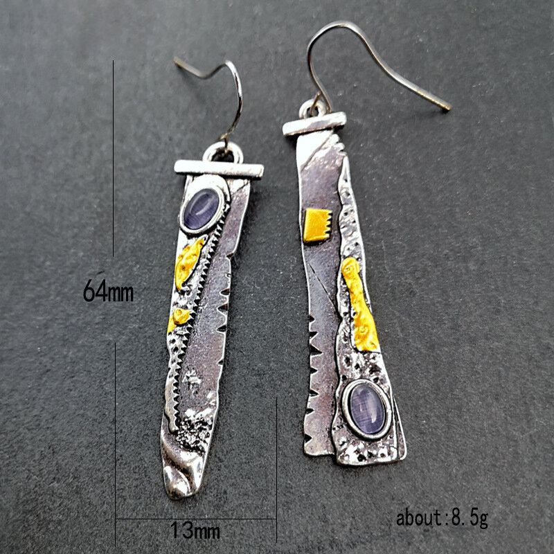 
	Vintage Sickle Serrated Earrings 925 Silver Plated Amethyst Inlaid Pendant Earrings