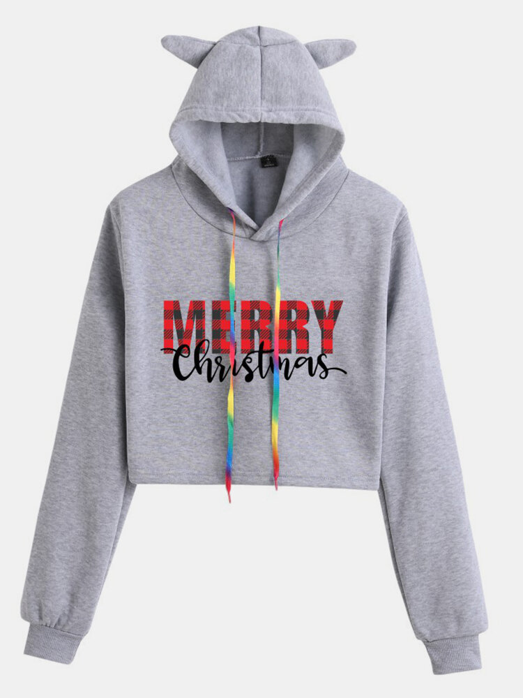 
	Christmas Letters Print Long Sleeve Casual Hoodie For Women