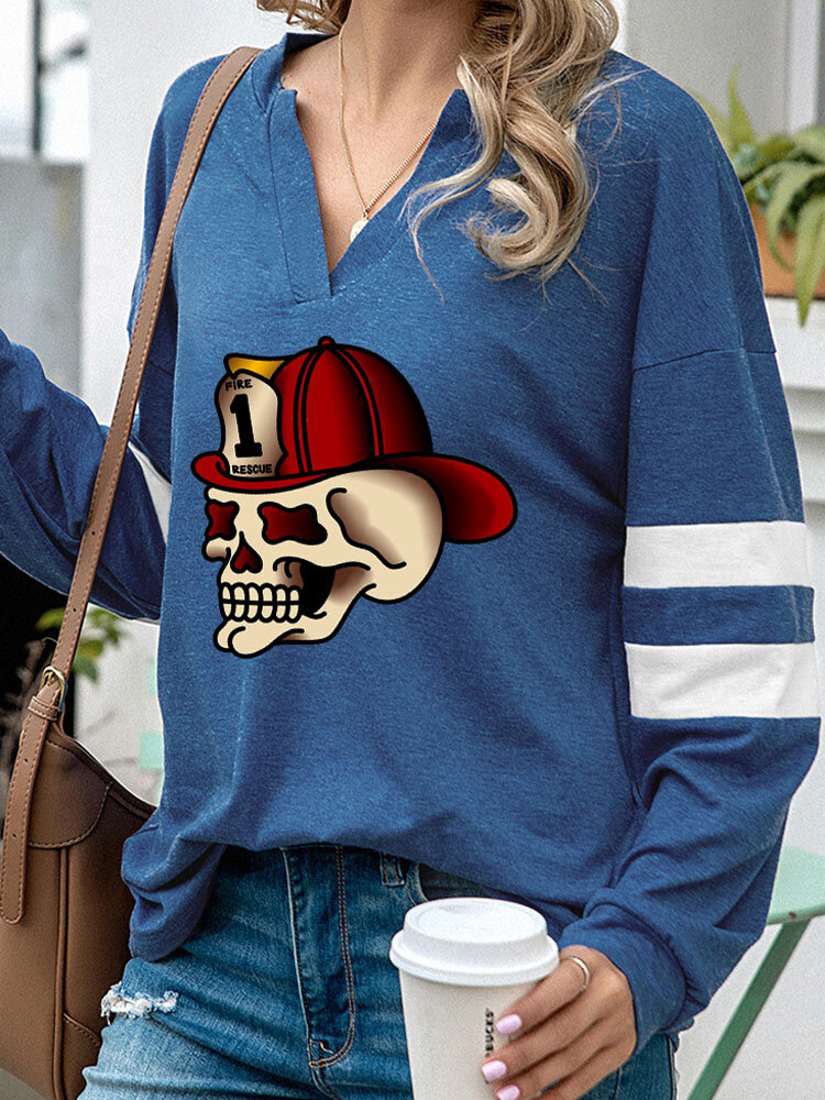 
	Halloween Cartoon Skull Print Long Sleeve V-neck Sweatshirt
