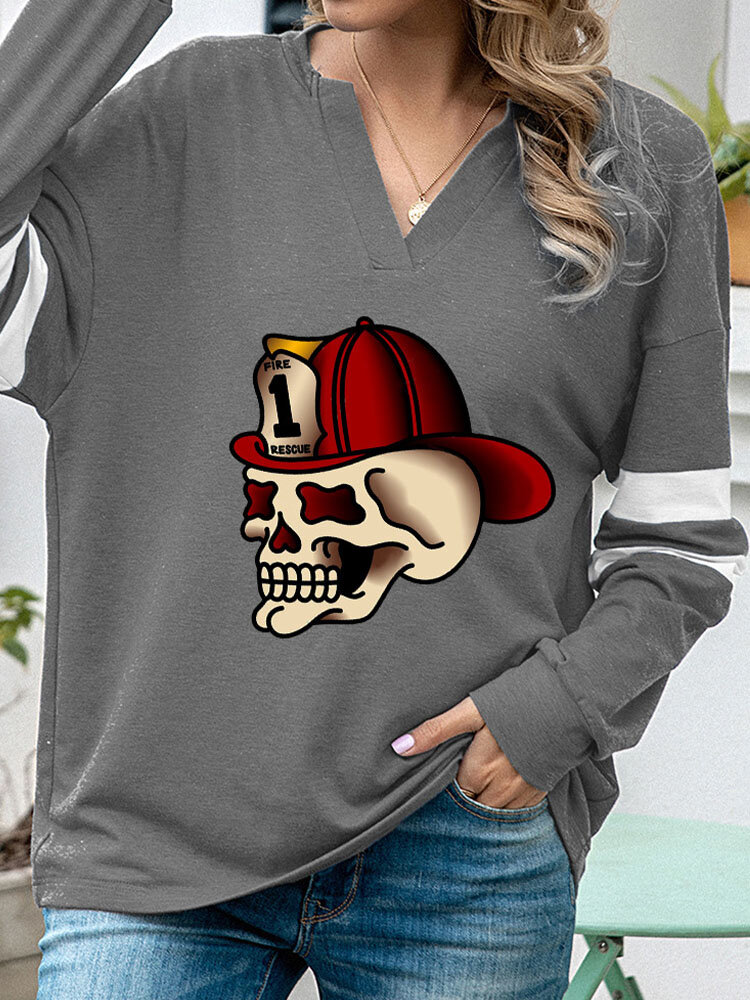 
	Halloween Cartoon Skull Print Long Sleeve V-neck Sweatshirt