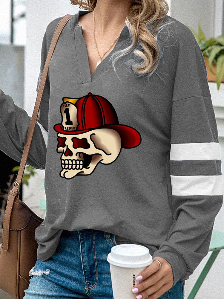 
	Halloween Cartoon Skull Print Long Sleeve V-neck Sweatshirt