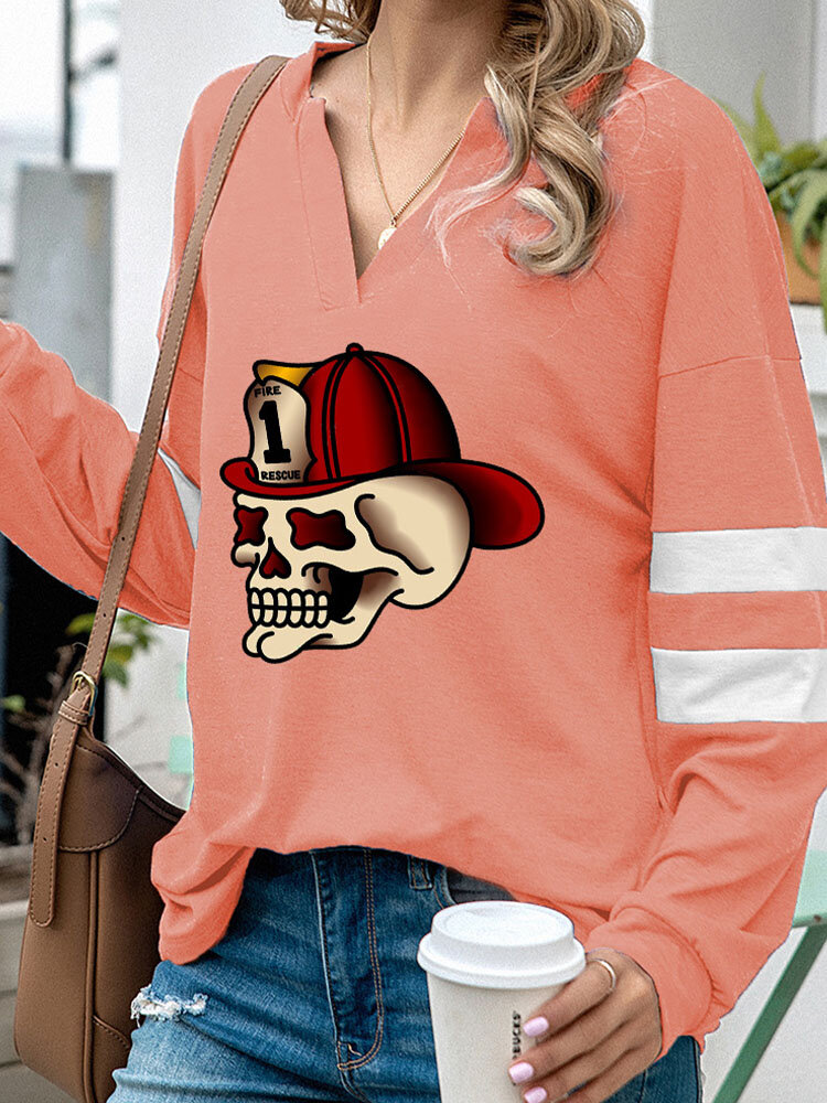 
	Halloween Cartoon Skull Print Long Sleeve V-neck Sweatshirt