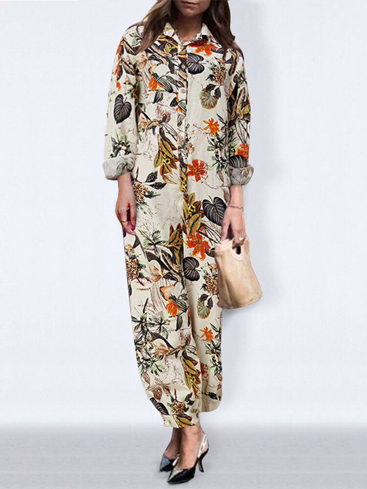 
	Leaves Floral Print Long Sleeve Vintage Jumpsuit For Women