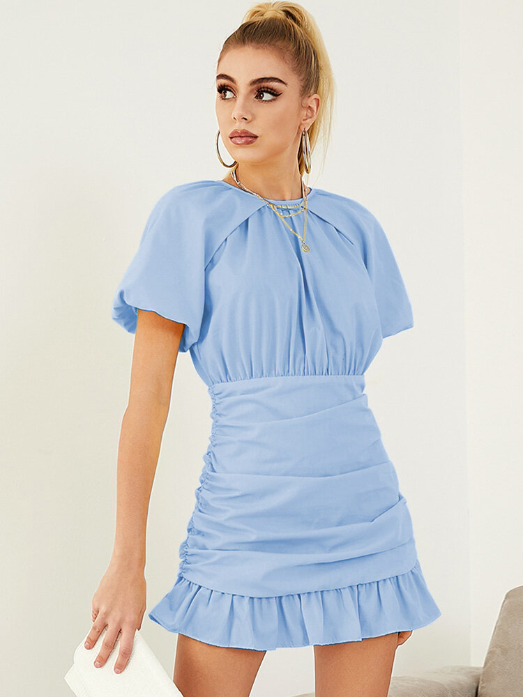 
	Solid Puff Sleeve Folds Ruffle Short Sleeve Casual Dress