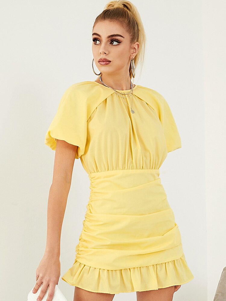 
	Solid Puff Sleeve Folds Ruffle Short Sleeve Casual Dress