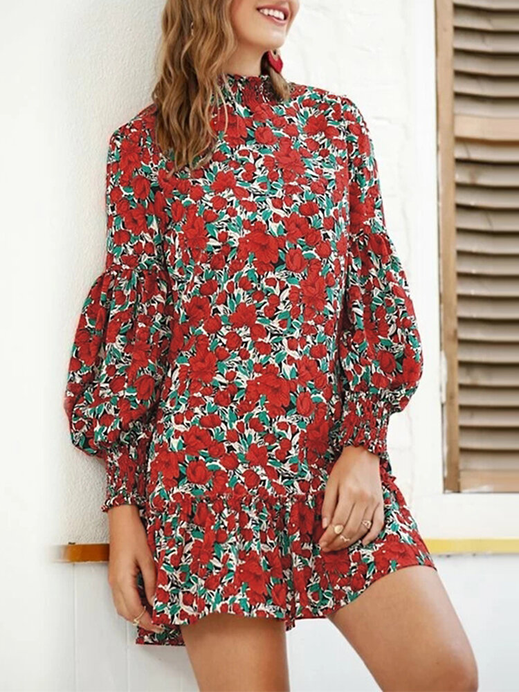 
	Floral Print Puff Long Sleeves Shirred Half-collar Dress