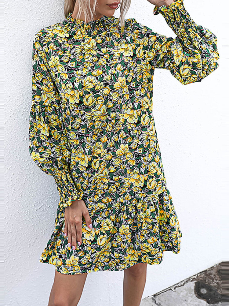 
	Floral Print Puff Long Sleeves Shirred Half-collar Dress