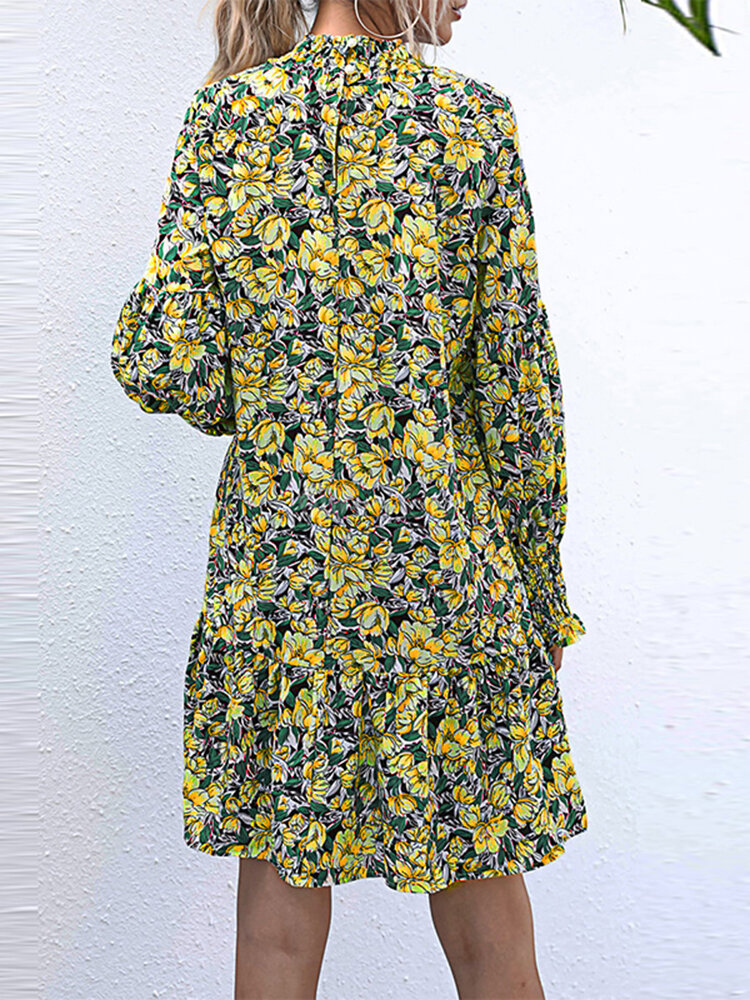 
	Floral Print Puff Long Sleeves Shirred Half-collar Dress