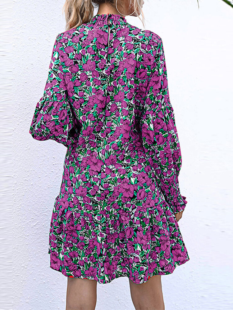 
	Floral Print Puff Long Sleeves Shirred Half-collar Dress