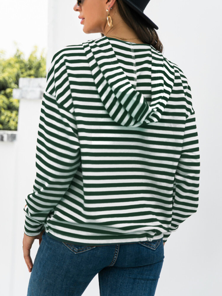 
	Striped Print Button Hooded Casual Hoodies for Women