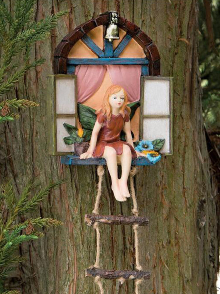 
	1 PC Fairy House Tree Hanging Sculpture Hand-Painted Window Sitting Fairy with Ladder Resin Statue Miniature Home Garden Decor