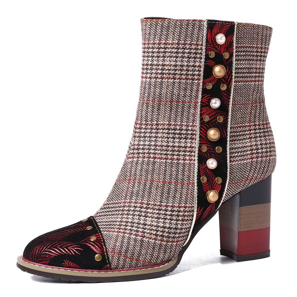 
	SOCOFY Grid Pattern Fashion Bead Sheep Leather Splicing High Square Heel Short Boots