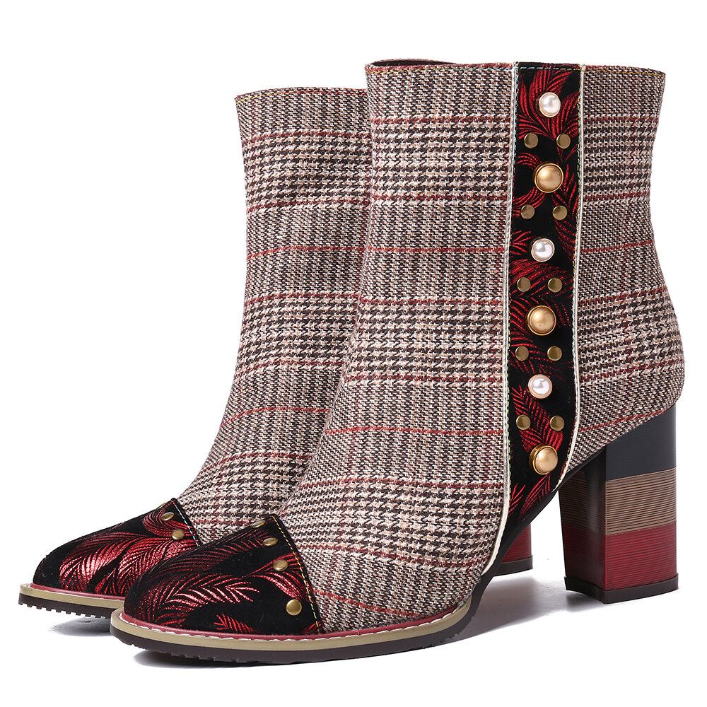 
	SOCOFY Grid Pattern Fashion Bead Sheep Leather Splicing High Square Heel Short Boots