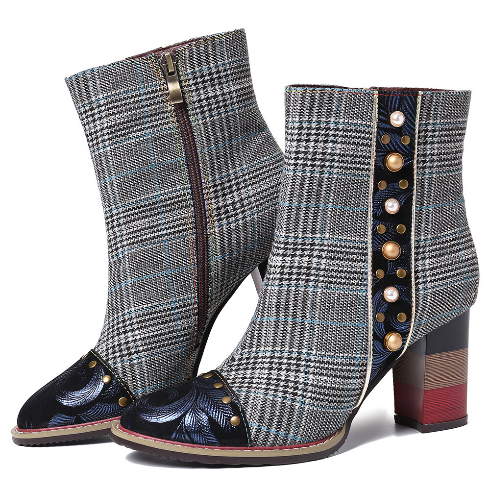 
	SOCOFY Grid Pattern Fashion Bead Sheep Leather Splicing High Square Heel Short Boots