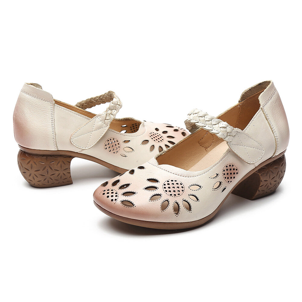 
	SOCOFY Leather Cutout Floral Braided Adjustable Ankle Strap Chunky Heel D’orsay Pumps