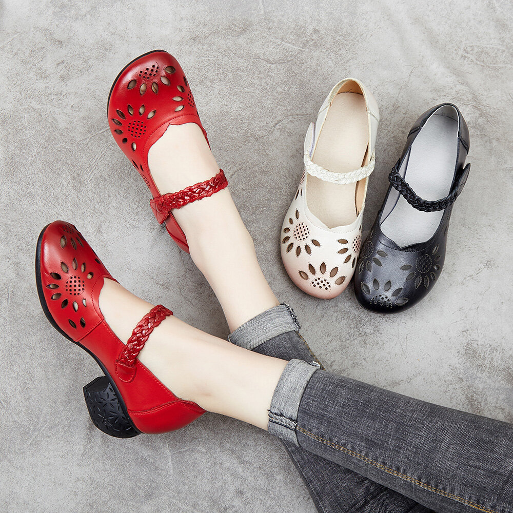 
	SOCOFY Leather Cutout Floral Braided Adjustable Ankle Strap Chunky Heel D’orsay Pumps