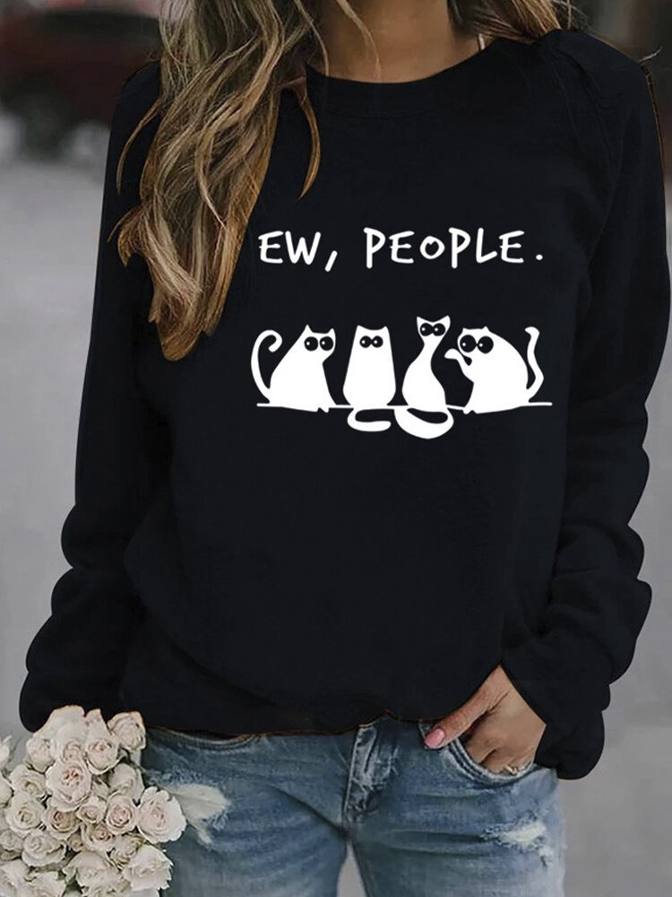 
	Black Cat Print Long Sleeves O-neck Casual Sweatshirt For Women