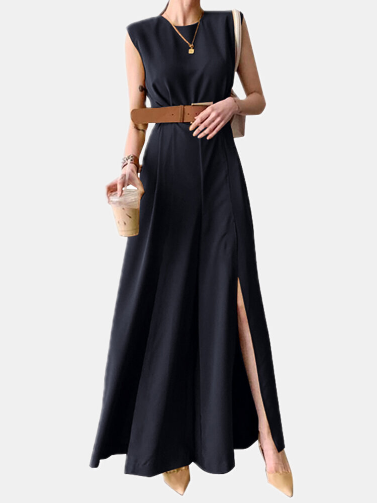 
	Solid Color Waistband Slit Hem Sleeveless Casual Jumpsuit for Women