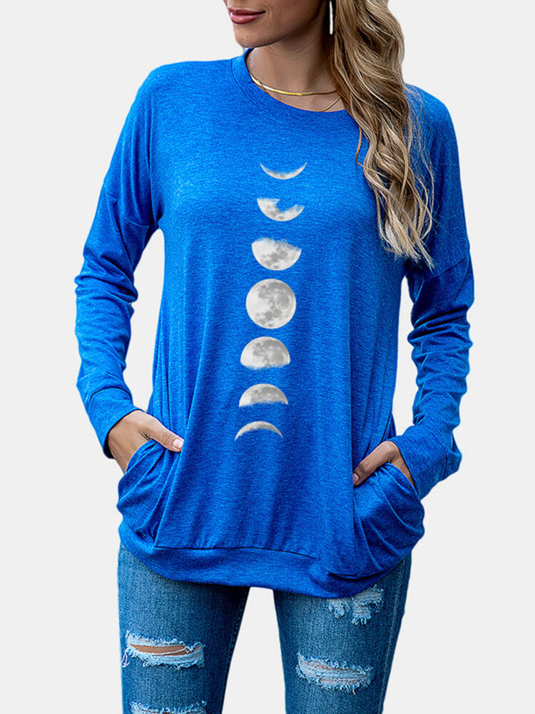 
	Moon Printed Long Sleeve O-neck Sweatshirt For Women