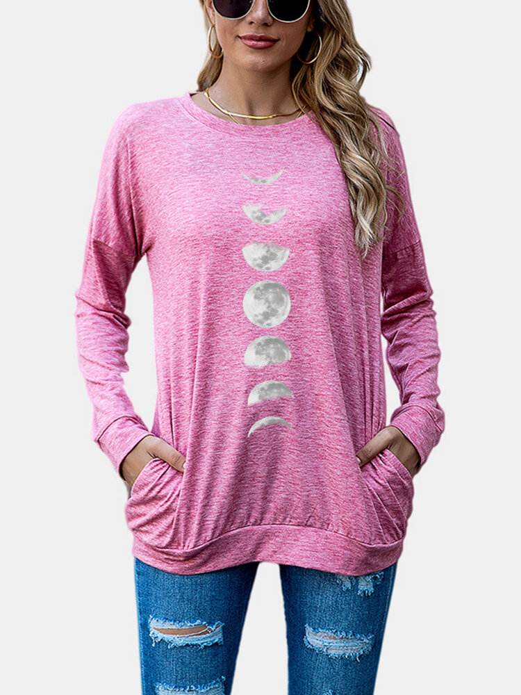 
	Moon Printed Long Sleeve O-neck Sweatshirt For Women