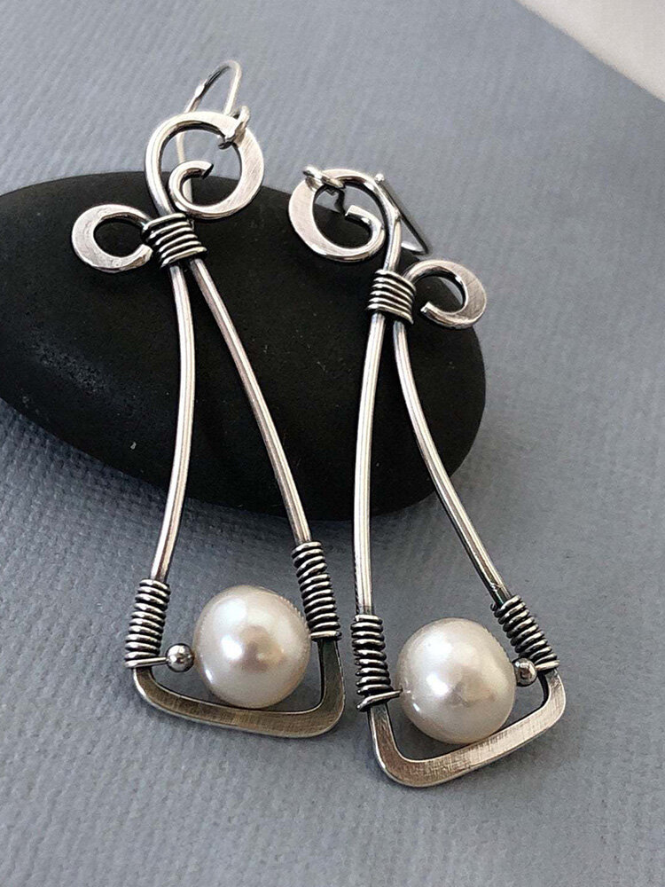 
	Vintage 925 Silver Plated Women Earrings Symmetry Bowknot Pearl Pendant Earrings
