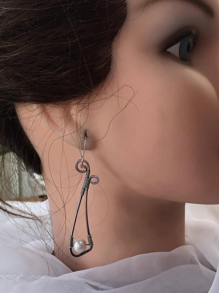 
	Vintage 925 Silver Plated Women Earrings Symmetry Bowknot Pearl Pendant Earrings