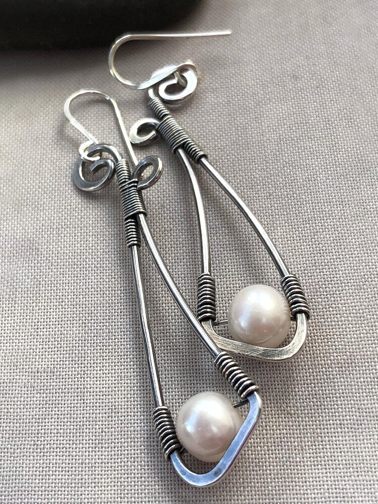 
	Vintage 925 Silver Plated Women Earrings Symmetry Bowknot Pearl Pendant Earrings