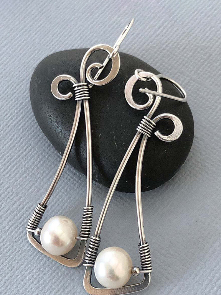 
	Vintage 925 Silver Plated Women Earrings Symmetry Bowknot Pearl Pendant Earrings