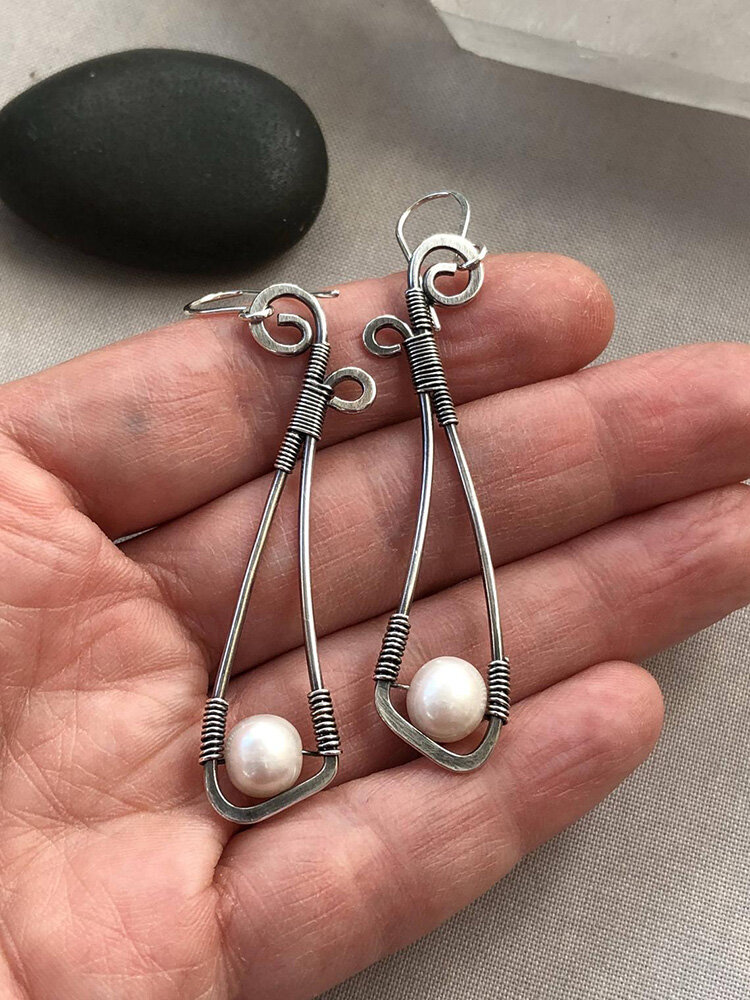 
	Vintage 925 Silver Plated Women Earrings Symmetry Bowknot Pearl Pendant Earrings