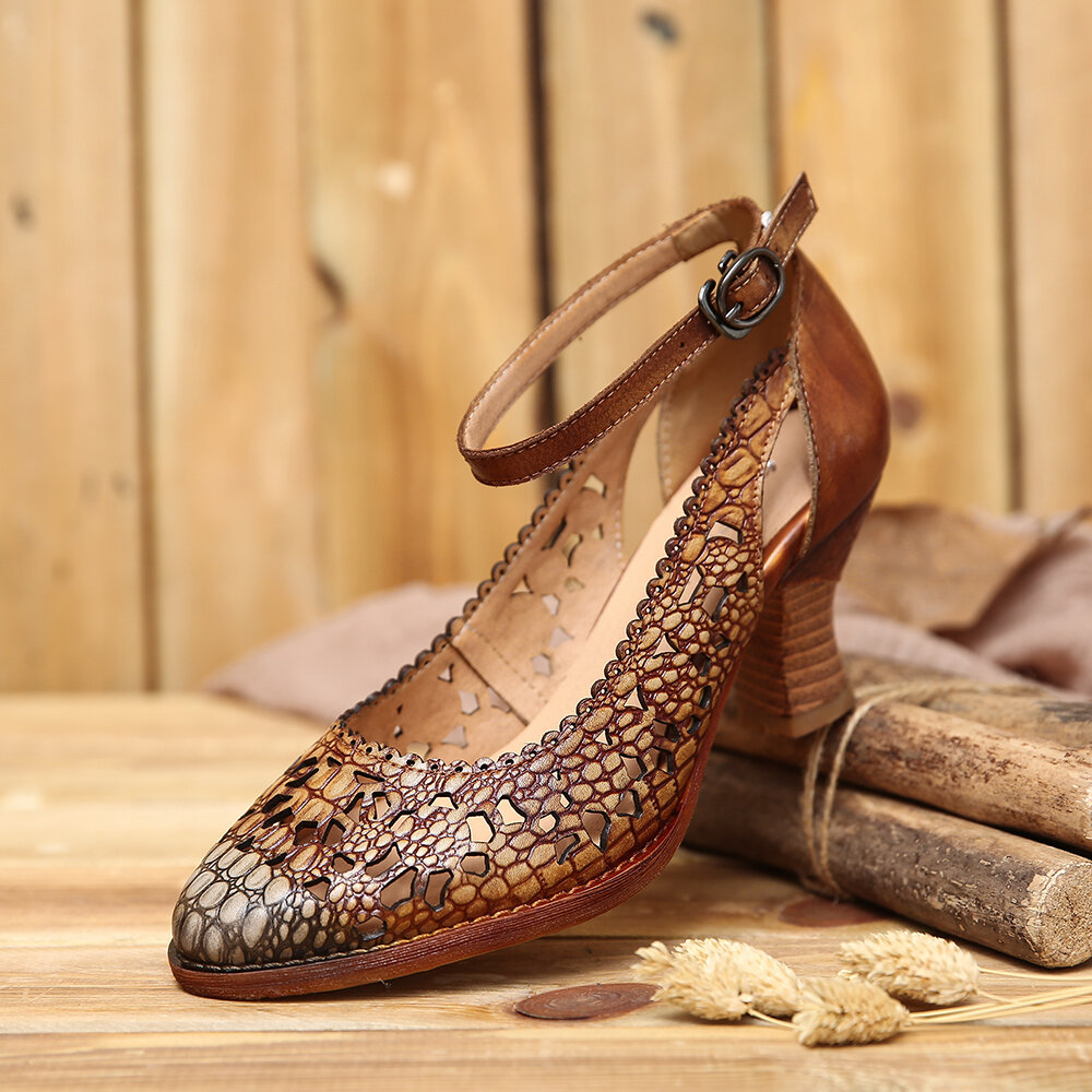 
	SOCOFY Retro Adjusatble Buckle Strap Hollow Pattern Embossed Pointed Leather Eleagant Pumps