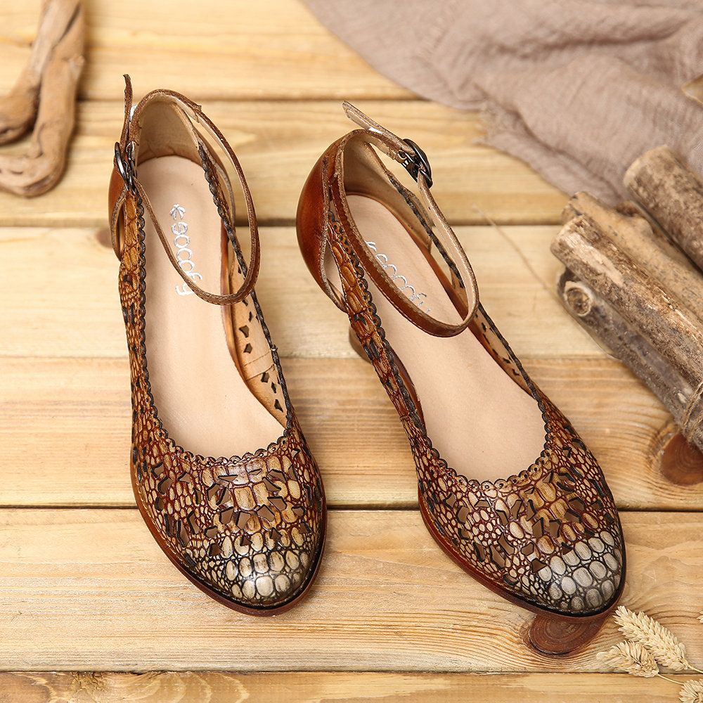 
	SOCOFY Retro Adjusatble Buckle Strap Hollow Pattern Embossed Pointed Leather Eleagant Pumps