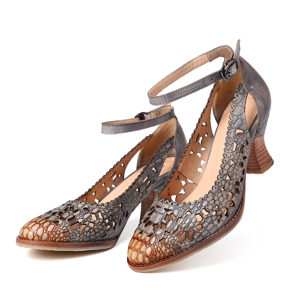 
	SOCOFY Retro Adjusatble Buckle Strap Hollow Pattern Embossed Pointed Leather Eleagant Pumps