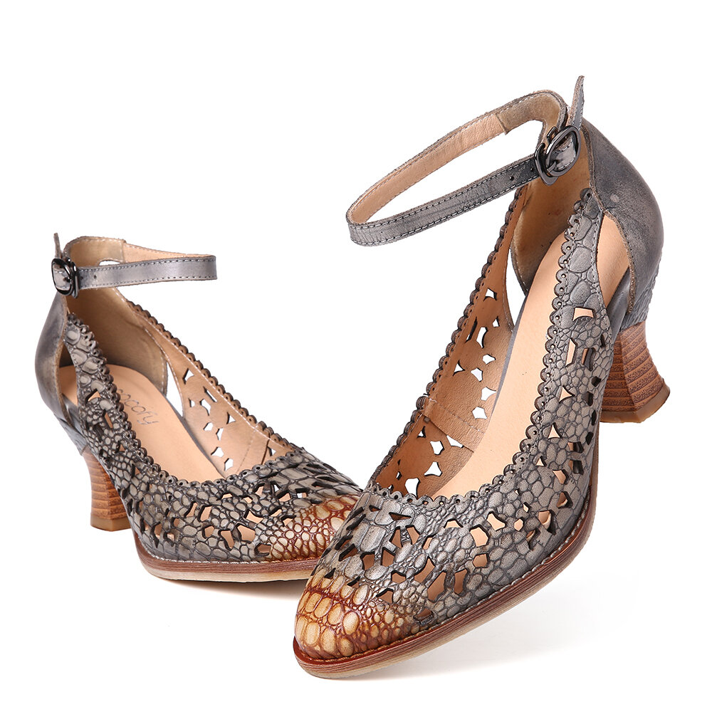 
	SOCOFY Retro Adjusatble Buckle Strap Hollow Pattern Embossed Pointed Leather Eleagant Pumps