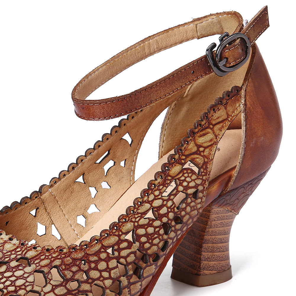 
	SOCOFY Retro Adjusatble Buckle Strap Hollow Pattern Embossed Pointed Leather Eleagant Pumps