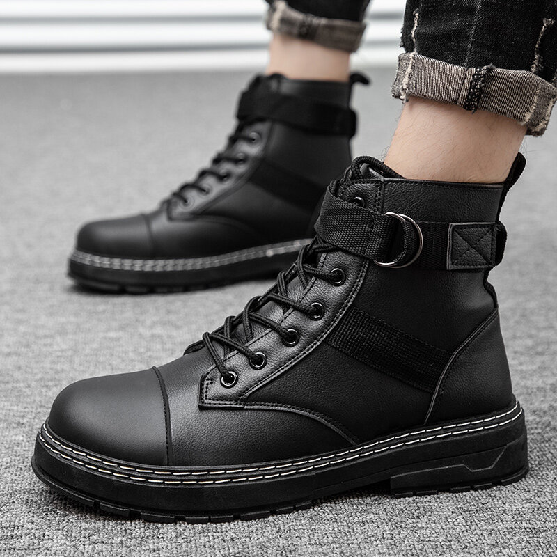 
	Men PU Lace-up Ribbon Round Toe Casual Short Boots