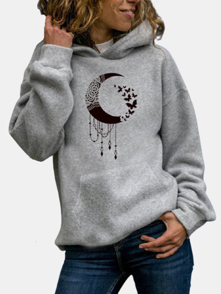 
	Cartoon Moon Print Casual Long Sleeve Hoodie For Women