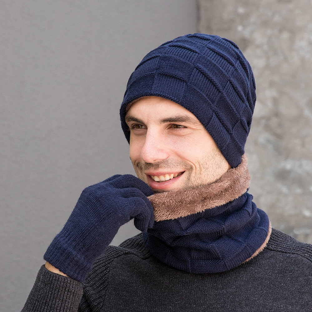 
	Men 2/3PCS Plus Velvet Keep Warm Winter Neck Protection Headgear Scarf Full-finger Gloves Knitted Hat Beanie