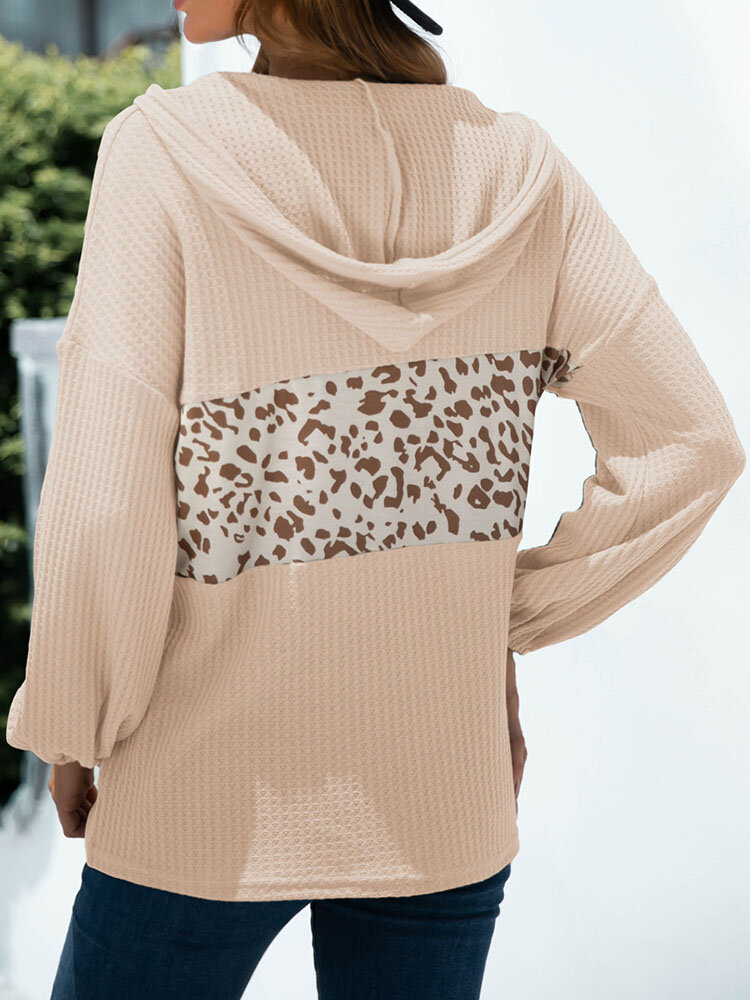 
	Leopard Pocket Hooded Long Sleeve Zip Draswtring Hoodie