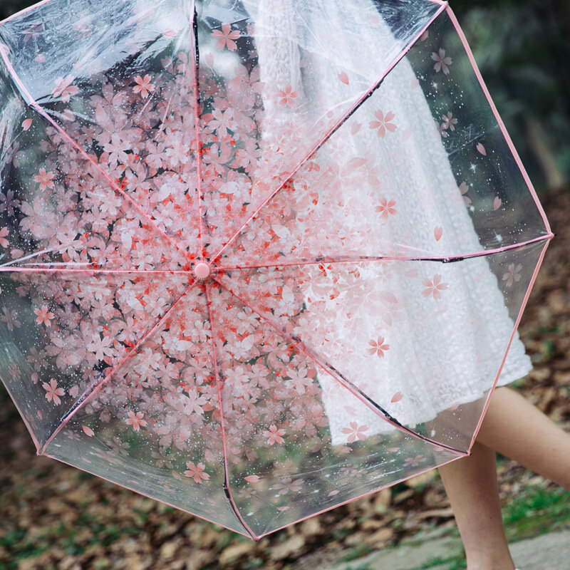 
	SaicleHome PEVA Romantic Cherry Blossoms Transparent Umbrella Folding Umbrella Sun Rain Gear