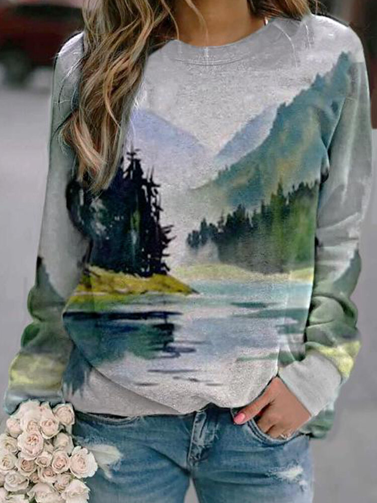 
	Landscape Print Long Sleeve Crew Neck Casual Sweatshirt For Women